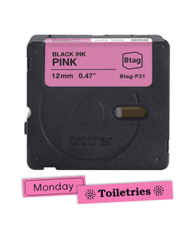 OEM-Etikettenband Brother BTAG-P31, 12mm Schwarz auf Rosa