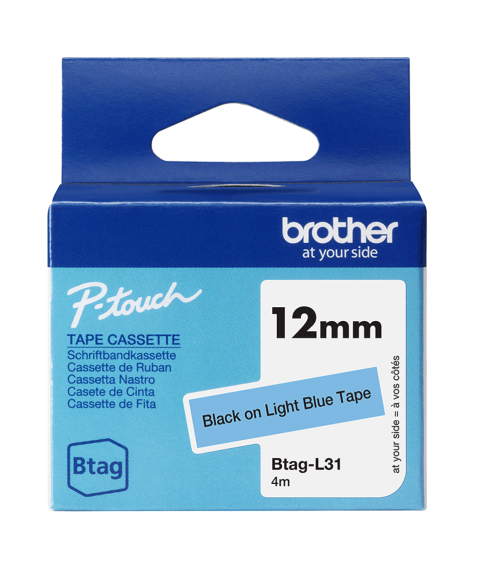 OEM lente Brother BTAG-L31, 12 mm, melna uz gaiši zilas krāsas