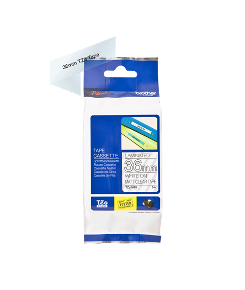 Brother Matte Laminated Label Tape Cartridge TZeM65 White on transparent background, TZe, 8 m, 3.6 cm